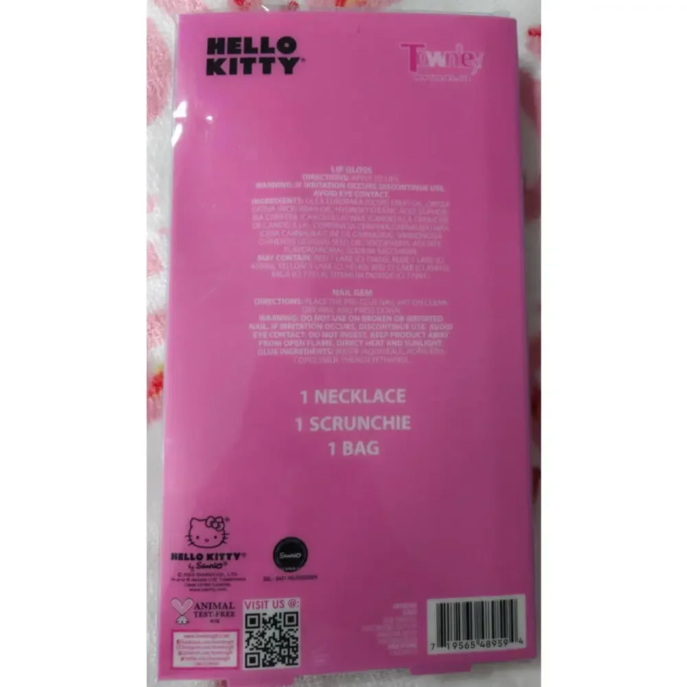 NEW Hello Kitty 5 pc Glamour Set Lip Gloss Necklace Stick On Gems Bag Scrunchie